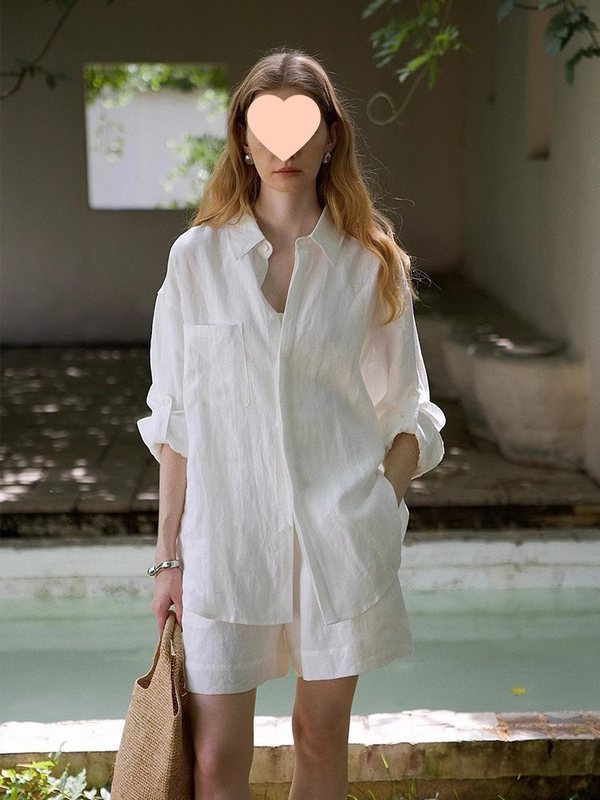 白色老钱风亚麻长袖衬衫女夏薄款轻奢设计感棉麻衬衣短裤防晒套装|undefined