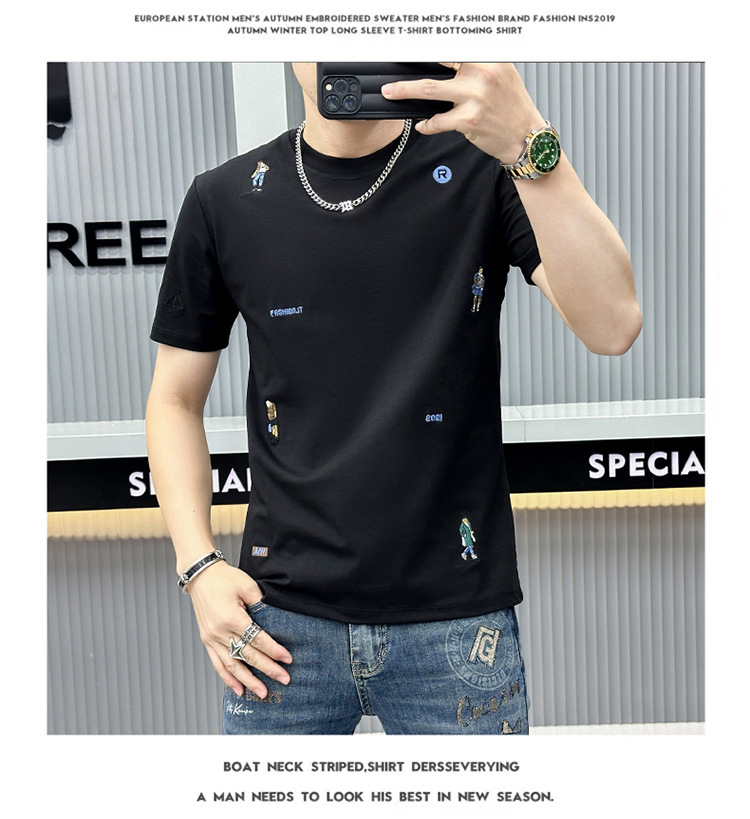 Summer Embroidered Short-sleeved Men's T-shirt American Trendy Brand 2024 New Slim-fit Crew Neck Youth Fashion Short-sleeved Bottoming Shirt_viptrois.com