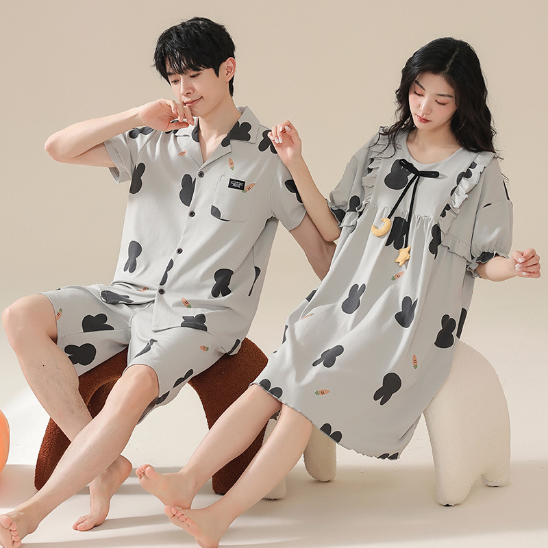 Couple Pure Cotton Pajamas Women's Summer New Short-Sleeved Cute Cartoon Can Be Worn Outside Home Clothes Men's Thin Large Size Suit
