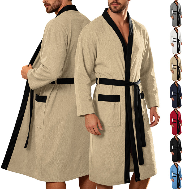 Terry bathrobe with double pockets and tie belt, long sleep robe, TK casual warm home wear, Amazon men's spring/summer sleep robe