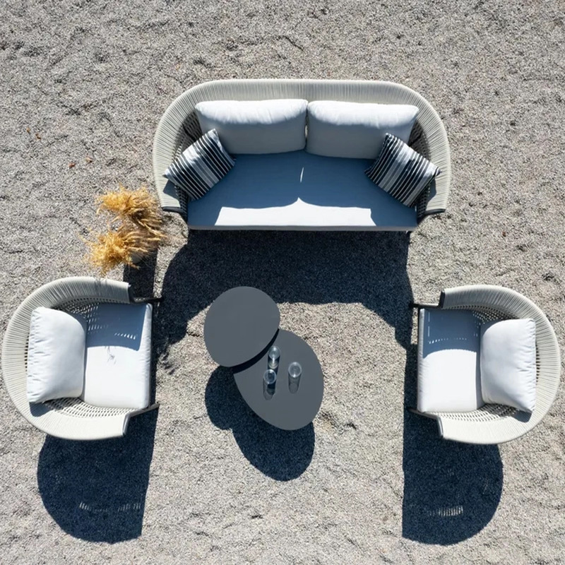 Casual sofá al aire libre tejido de cuerda de cáñamo mesa de té sofá patio al aire libre impermeable moderno sofá mesa de té