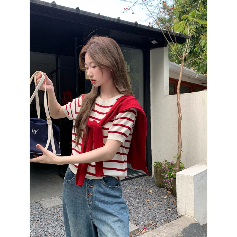 Sweet Style Contrasting Color Striped Knitwear Women's New Summer Style Niche Round Neck Short-Sleeved Versatile Top