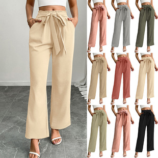 Cross-Border European and American Amazon High-Waisted Casual Solid Color Loose Home Lace-Up Straight Wide-Leg Pants Summer Long Pants for Women