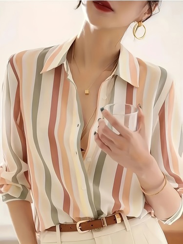 Polyester Casual Shirt Women's Striped Casual Cross-border