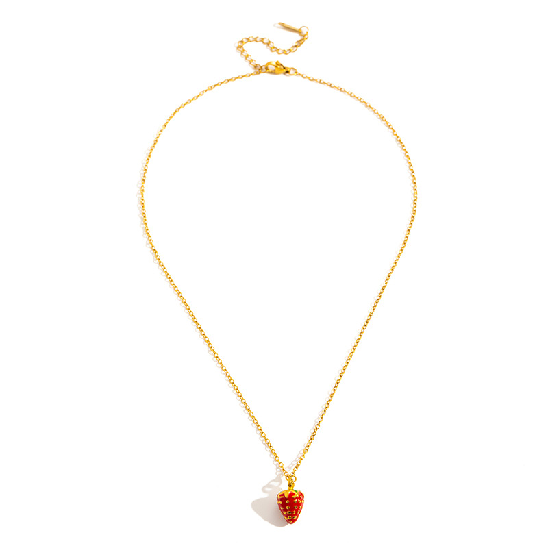 8g Weight 0.03µm Gold Plating Thickness Electroplated Gold Plating Process Golden Plated Plating Material 201 Stainless Steel Pendant Material Pendant Necklace Classification 201 Stainless Steel Chain Material cable chain Chain Type 1 Piece Quantity Holiday, Daily Occasion 201 Stainless Steel Material Strawberry Pattern Women's Gender Cute Style Plating Craft Elegant Red Double Strawberry Necklace For Women Titanium Steel Luxury Design Clavicle Chain Fashionable Jewelry Accessory 16
