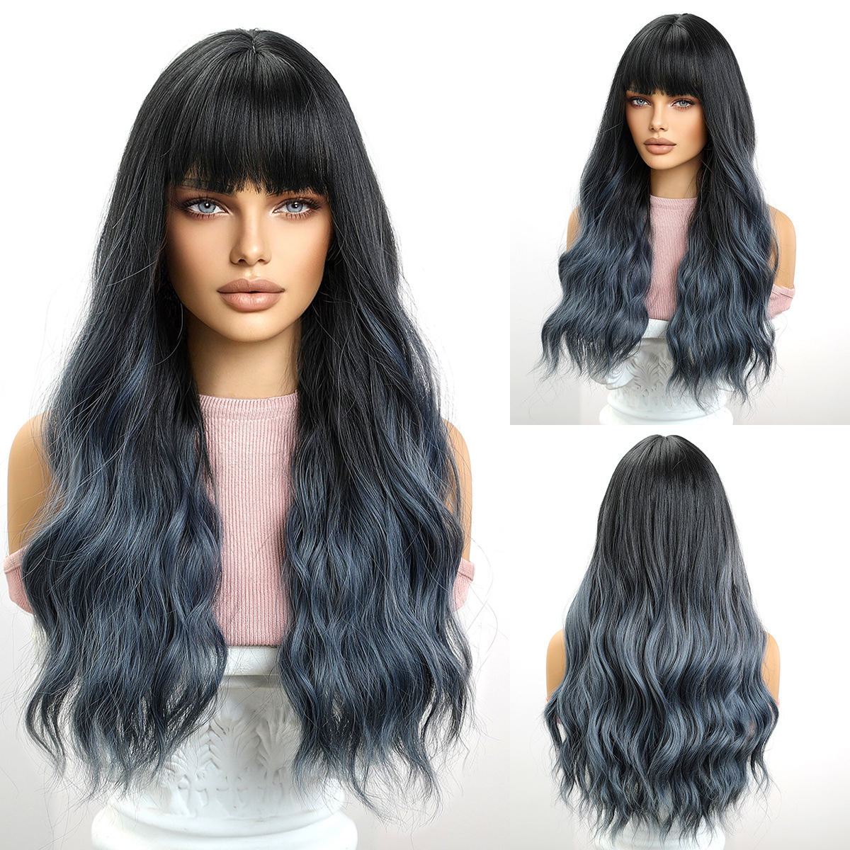 Peluca europea y americana, pelo largo femenino, grandes olas, flequillo de aire, gradiente azul, cubierta completa, seda mate de alta temperatura, wigs