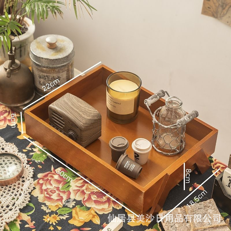 实木质桌面收纳盒复古香水化妆品杂物整理盒置物架玄关钥匙储物盘|undefined