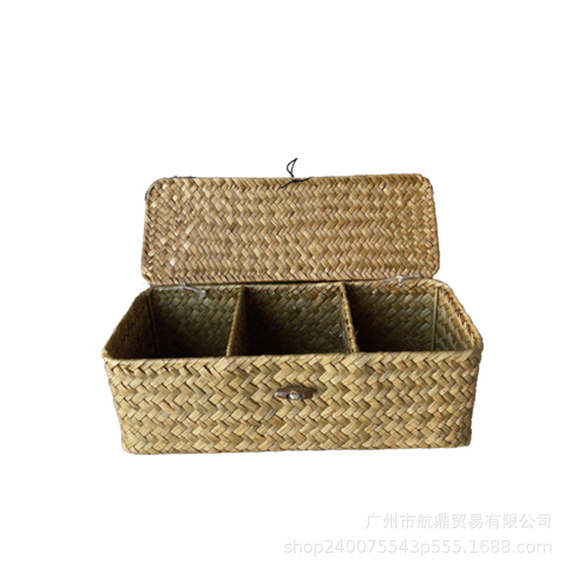 Cestas de almacenamiento de algas de mar tejidas a mano no bambú tejido profundo material tres particiones de almacenamiento tejido tejido canasta de papel al por mayor retro