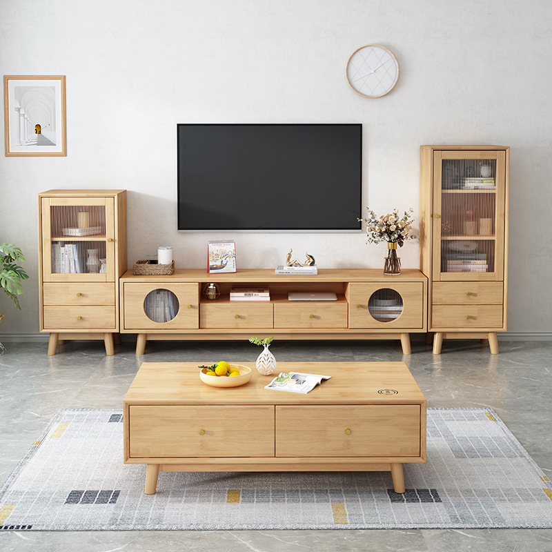 Madera maciza nórdica TV gabinete mesa de café combinación moderna minimalista hogar sala de estar gabinete de piso pequeño apartamento de pared de fondo