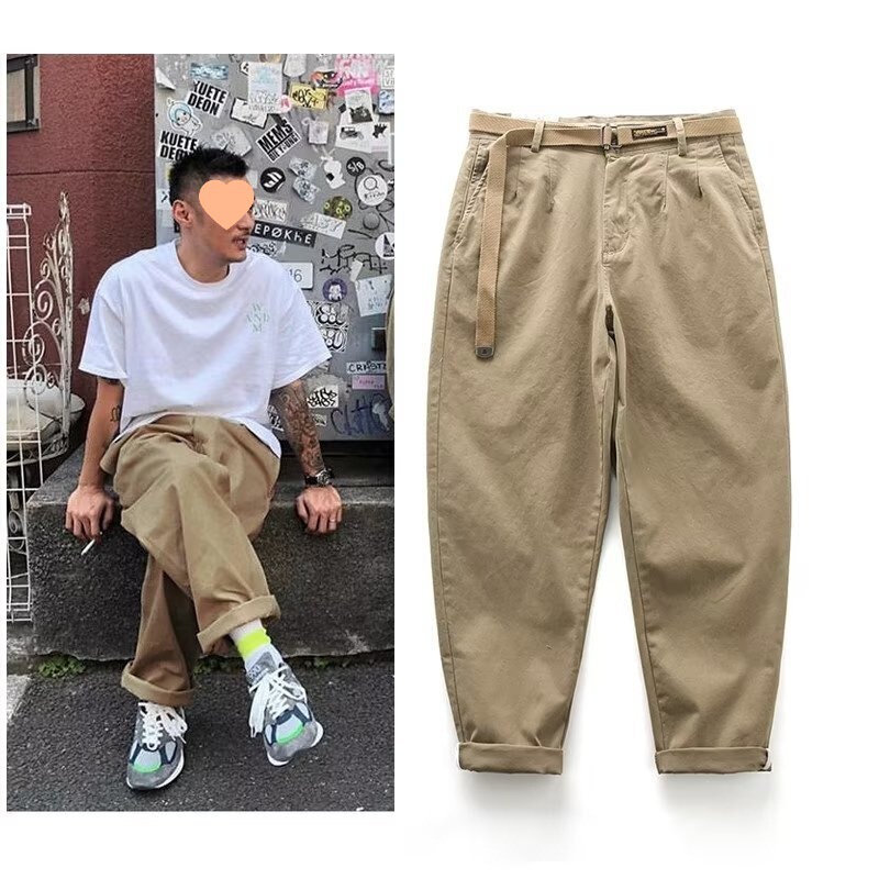 Japanese-Style Casual Cargo Pants for Men, Straight Loose High-Quality Cotton American Trendy Brand Wide-Leg Versatile Spring and Autumn Long Pants