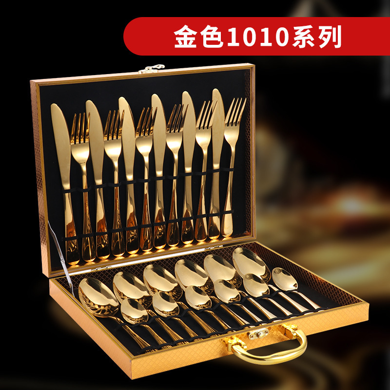 Amazon transfronteriza de 24 piezas de acero inoxidable occidental vajilla traje 1010 cuchillo, tenedor y cuchara de oro natural de almacenamiento en rack caja de regalo