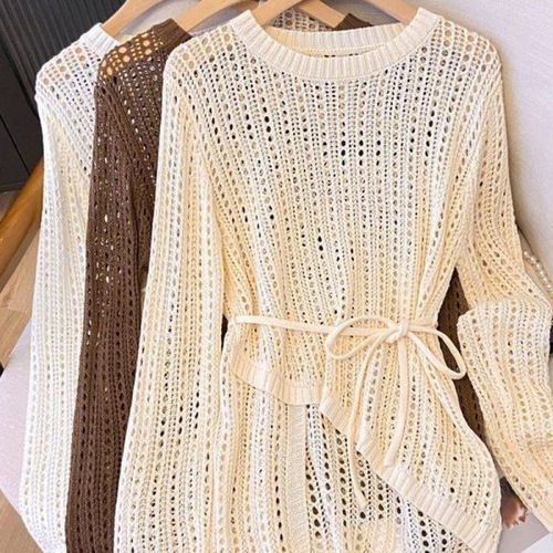 Summer Bestselling Thin Lazy Style High-Grade Air Conditioner Cover Shirt Crew Neck Irregular Crochet Lattice Knit Shirt for Outside Wear New