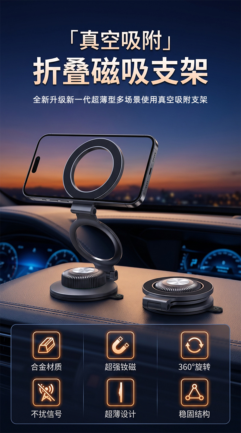 New vacuum suction cup magnetic car phone holder, metal magnetic phone holder for car dashboard
