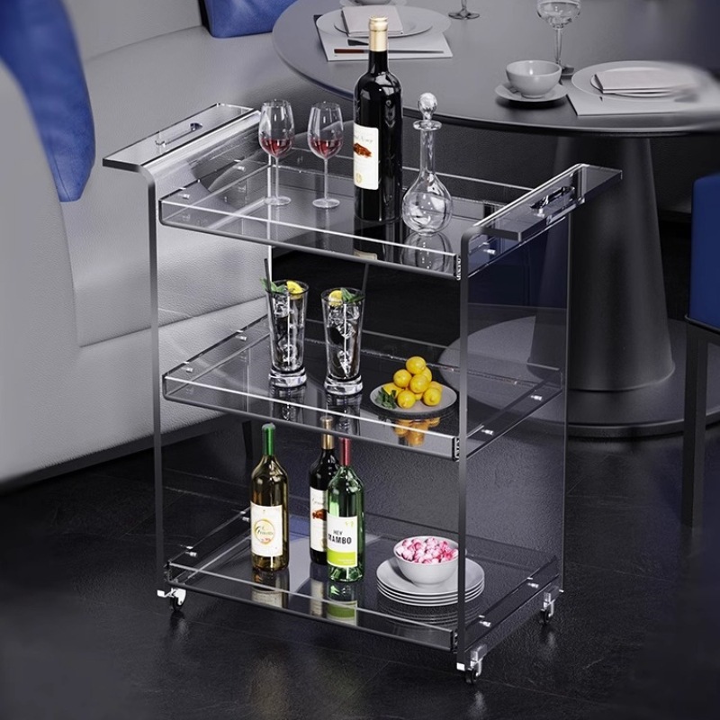 透明亚克力酒店送餐车三层透明酒水置物架酒水餐厅移动餐车