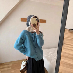 温柔风圆领系带两粒扣针织开衫女秋冬新款宽松时尚百搭毛衣外套潮