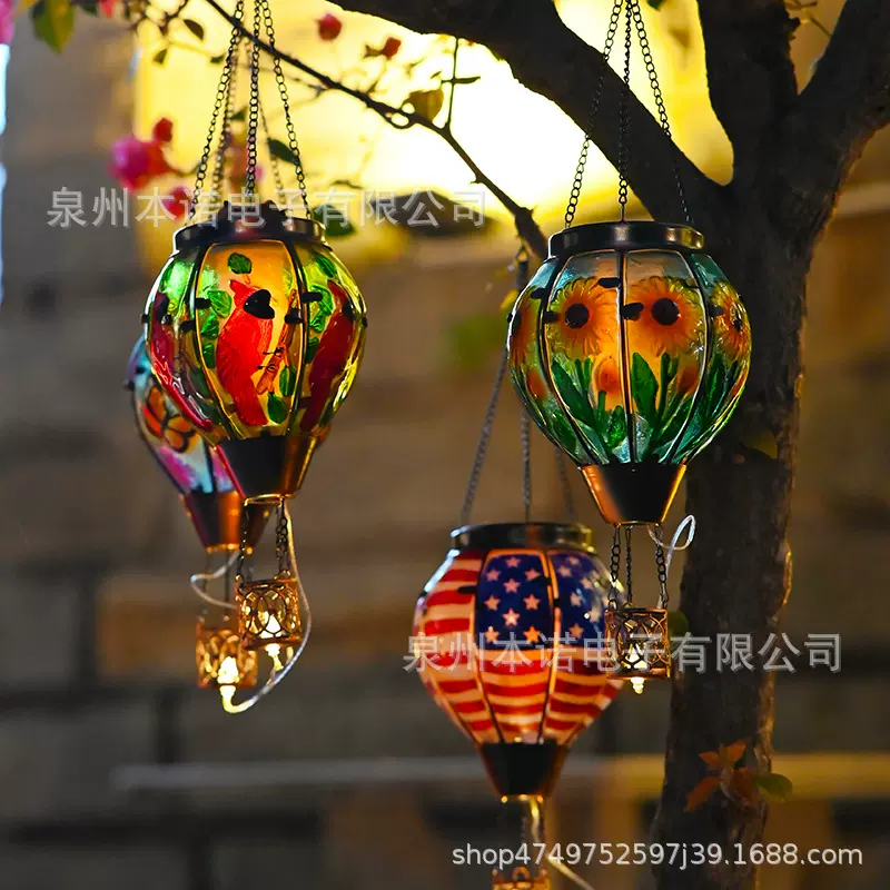 跨境热气球太阳能灯户外庭院灯火焰LED花园玻璃热气球灯铁艺吊灯
