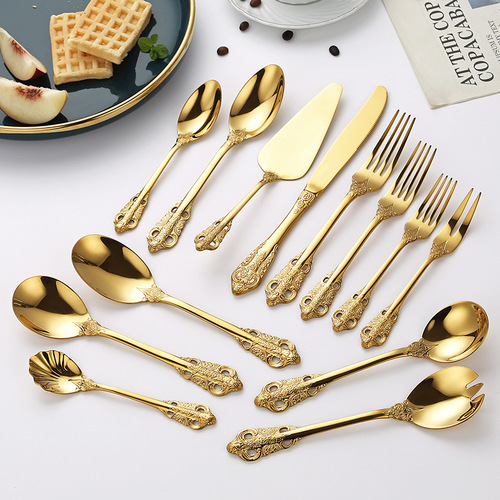 Cross-border 304 stainless steel knife, fork and spoon, thickened high-end steak knife and fork, retro light luxury gold palace embossed tableware