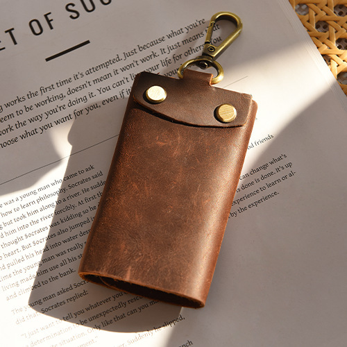 Men's Retro Handmade Genuine Leather Key Case, Crazy Horse Top-Grain Cowhide Buckle Key Case, Large Capacity, Multi-Functional