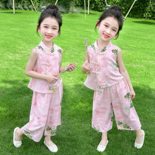 女童夏季套装2025新款汉服儿童洋气复古四轮盘扣套装古风两件套