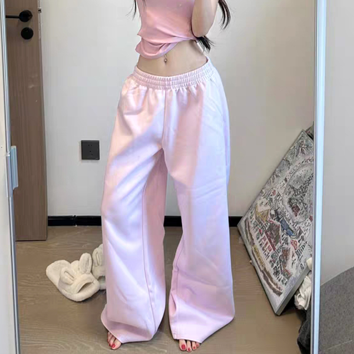 American Style Spice Girl Pink High Waist Wide Leg Pants Women's Spring and Summer Retro Lazy Loose Casual All-match Sweat Pants