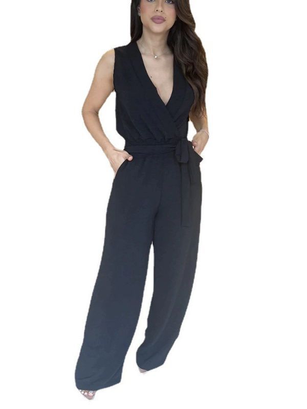 Ropa de mujer europea y americana 2024 primavera nuevo color sólido con cuello en V sin mangas con cordones cintura alta suelta pierna ancha Pantalones de mujer