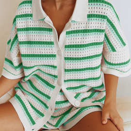 跨境亚马逊夏季新款短袖条纹针织开衫高腰短裤套装时尚拼色两件套