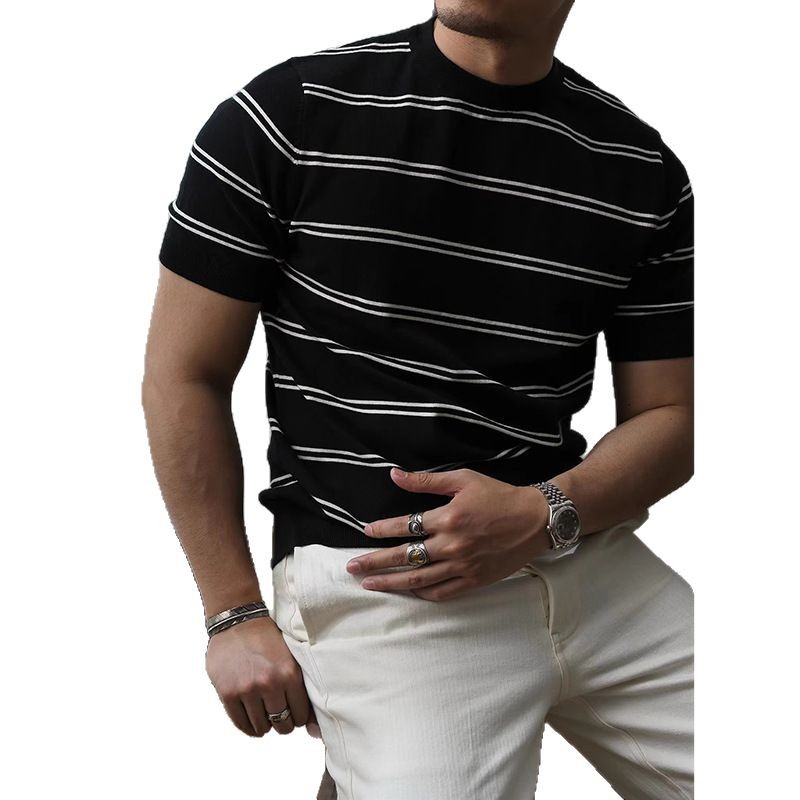 Verano nuevo estilo a rayas suéter de manga corta hombres retro delgado negocio hielo seda transpirable camiseta comercio exterior transfronterizo al por mayor
