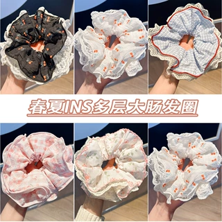 新款四层蕾丝网纱锁边甜美大肠圈少女褶皱发圈法式丸子头绳头花