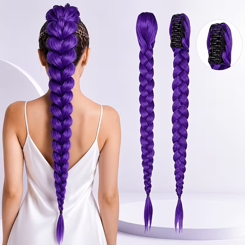 Witcher Squad Wig Braided Purple Braids Purple Twist Braids Street Dance Claw Clip High Ponytail Dirty Braids