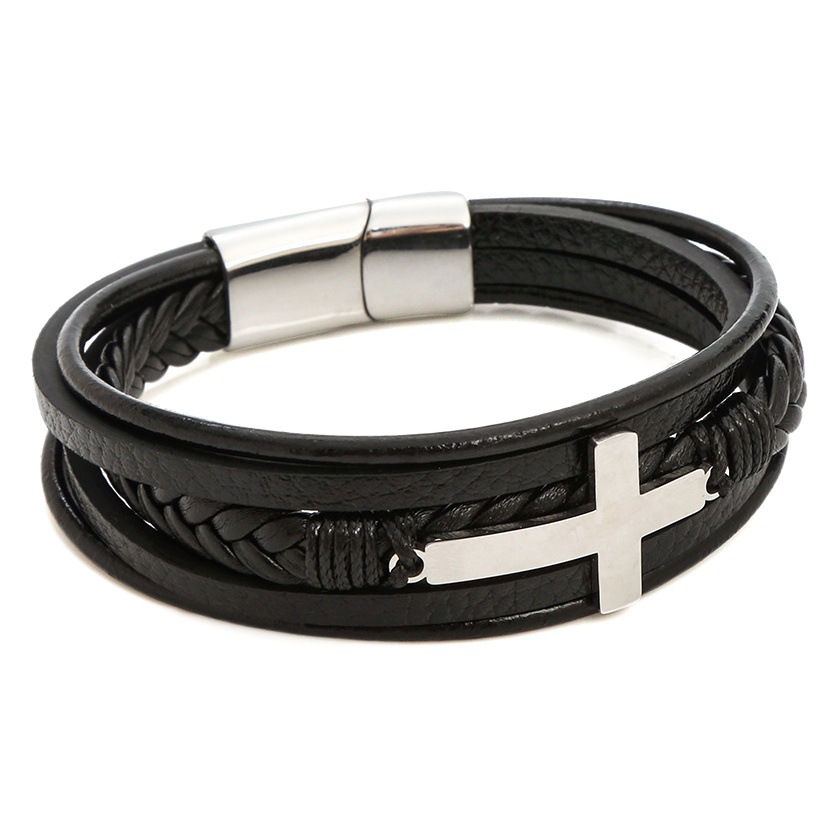 Pulsera cruzada de acero inoxidable transfronterizo de Amazon Pulsera de aleación de cuero tejido de cuerda de cuero de moda multicapa europea y americana