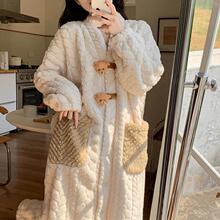 跨境法兰绒睡袍女秋冬加厚开衫套装长款大码珊瑚绒保暖家居服睡裙