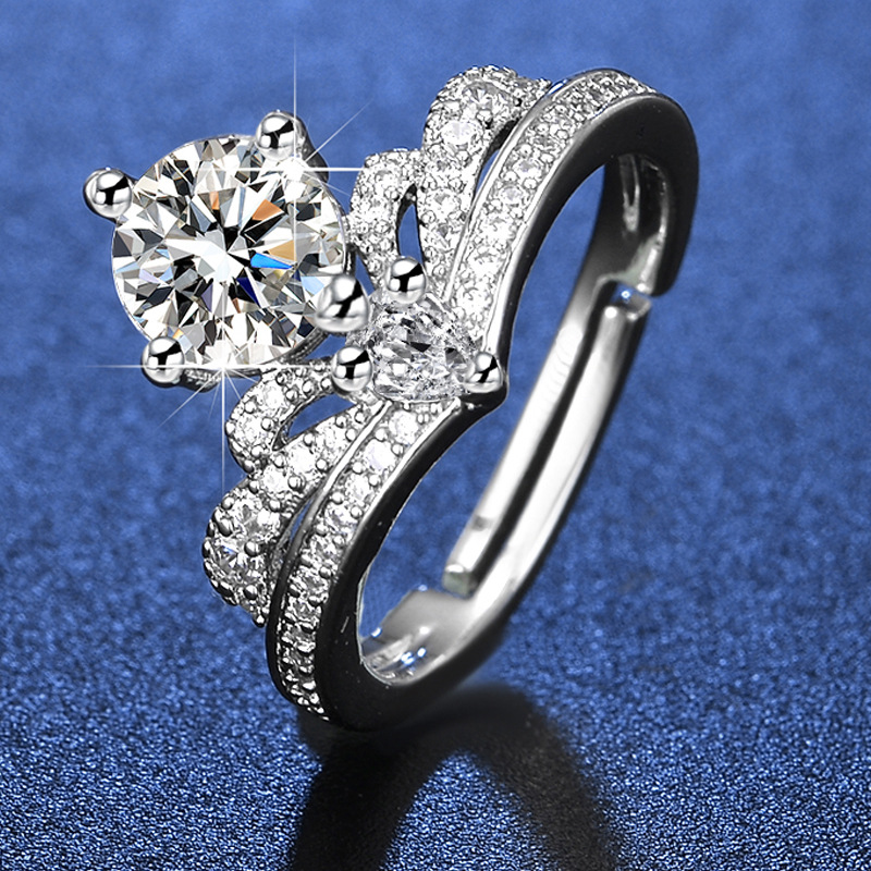 Live Broadcast of New 1 Carat Princess Crown Simulated Moissanite Diamond Ring, Fashionable Accessible Luxury Zircon Live Ring for Women