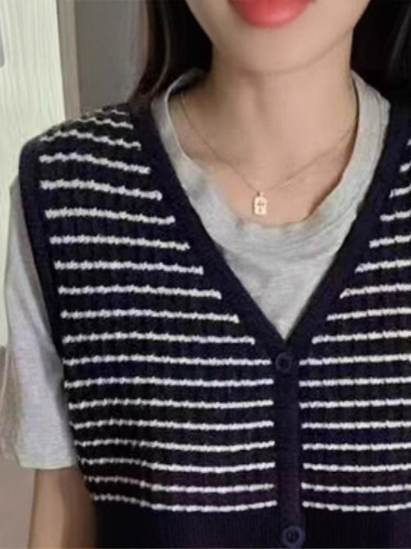 单排扣撞色条纹针织背心马甲复古时髦百搭无袖V领开衫女装上衣|undefined