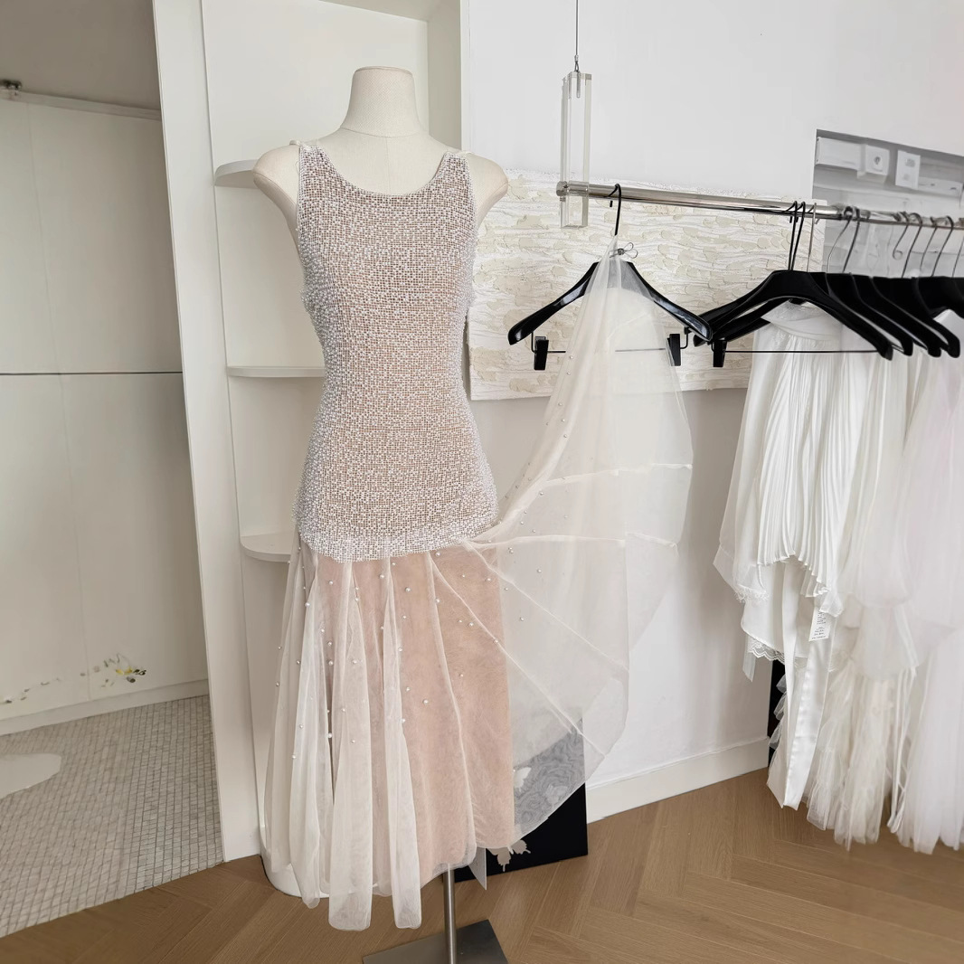 Sling Dress, High-End French Heavy-Duty Pearl Evening Dress, Long Skirt, Elegant Fishtail Hip Skirt, Birthday Skirt