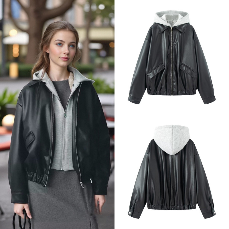 Za Cross-Border Export Spot European and American Style Women's Winter New Quilted Fashion Trend Splicing Hat Pu Leather Jacket