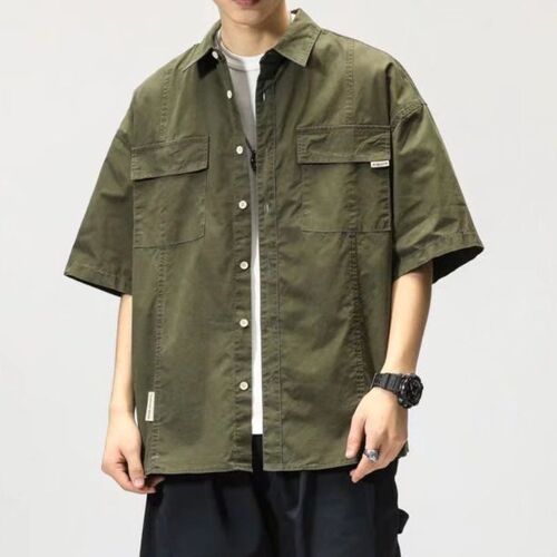 Ins trend brand functional five-pocket short-sleeve work shirt for men, Korean style loose couple casual half-sleeve military green