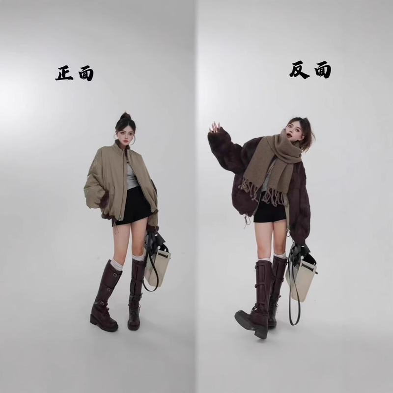 New Reversible Fur Parka Jacket for Women Thickeneded Real Rabbit Fur Casual Loose Fur Jacket Motorcycle Style