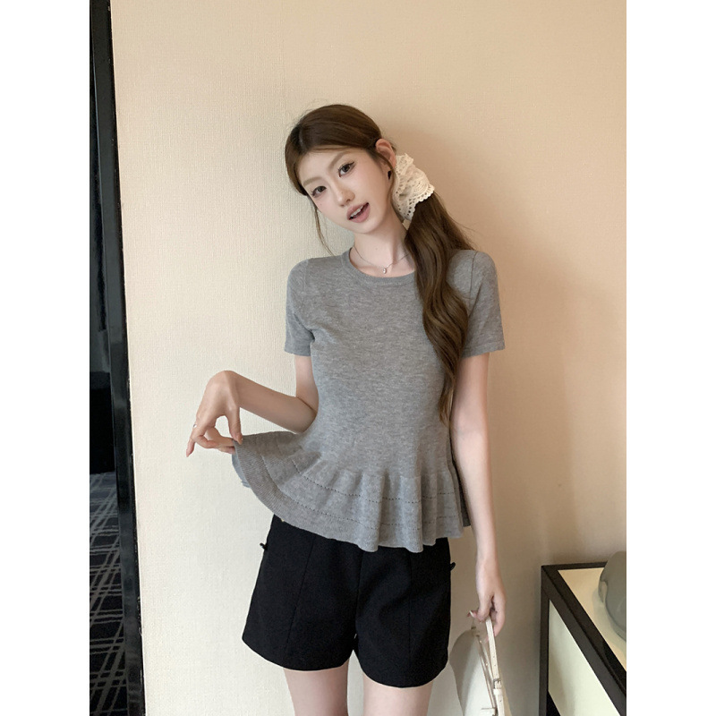 Real Shot~Korean Style Versatile Pleated Lace Waist-Cinching Short-Sleeve Knit Top for Women, Trendy Summer Top