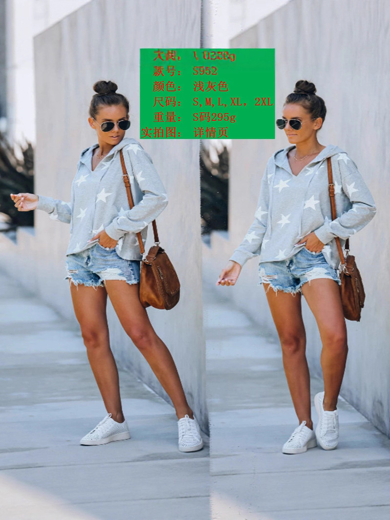 2025 ropa de mujer de comercio exterior otoño nuevo estilo casual manga larga estampado suéter con capucha top base al por mayor