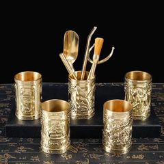 Brass Tea Ceremony Six Gentlemen Brass Tea Set 6 Gentlemen Tea Cup Holder Teaspoon Tea Accessories