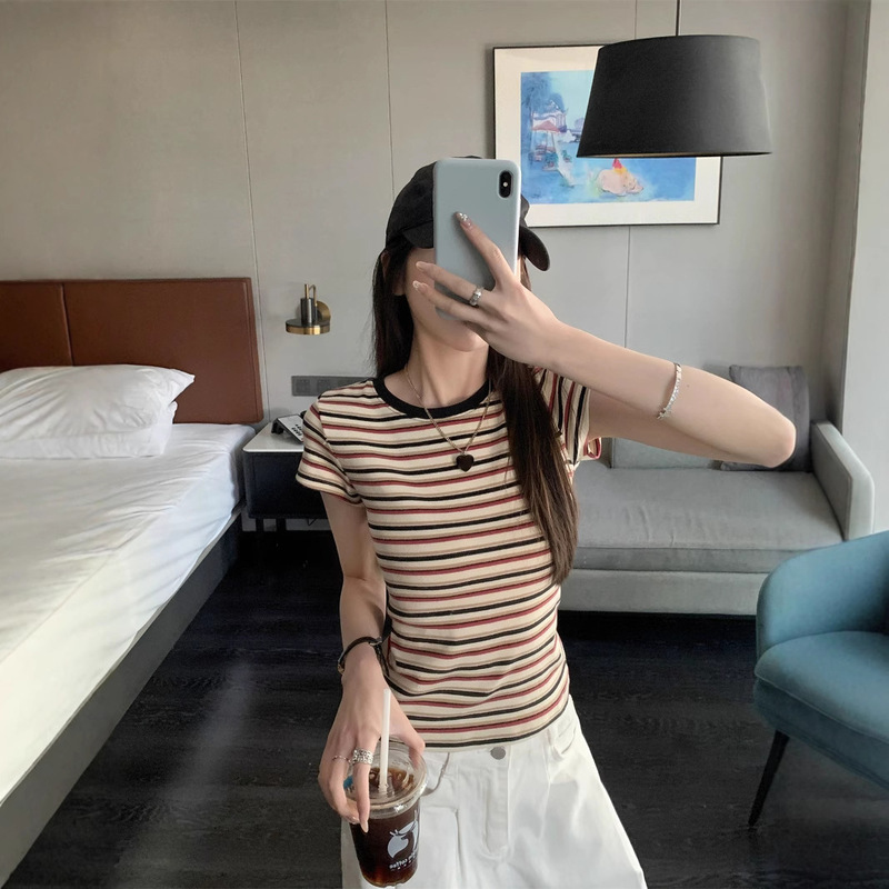 American Retro Contrast Stripesd Round Neck Short-Sleeved T-Shirt for Women 2025 Summer New Slim Fit Versatile Fashionable Top