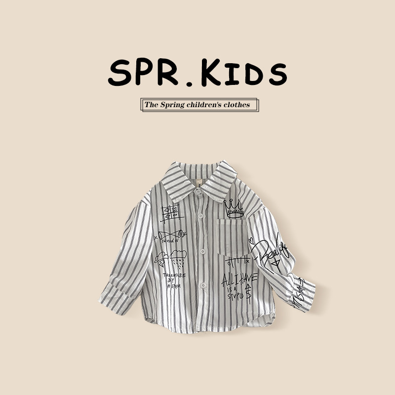 Camisa para niños ropa de primavera para niños 2024 Nueva solapa camisa de Letras a rayas ropa para niños pequeños y medianos estilo coreano abrigo de estilo occidental
