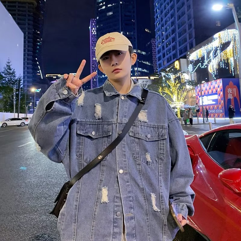 Hong Kong Style Ripped Denim Jacket Men's Spring and Summer Trendy Brand High Street Casual Light Color Washed Loose Duffian Handsome Work Jacket
