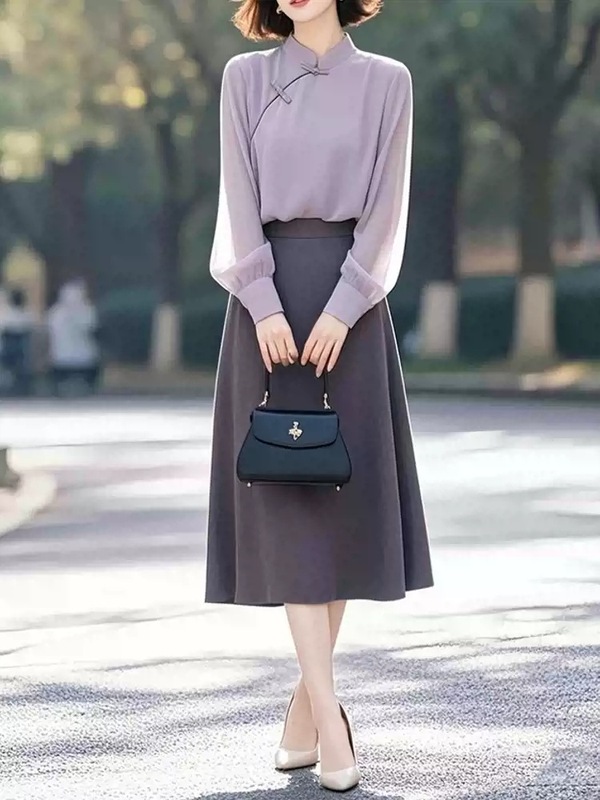 小个子新中式国风衬衫两件套女装开春紫色盘扣系穿搭气质套装裙子|undefined
