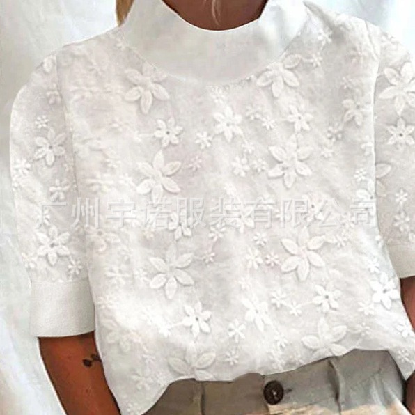 Amazon deseo AliExpress 2023 nuevas mujeres europeas y americanas de algodón y lino bordado solapa camisa manga corta en stock