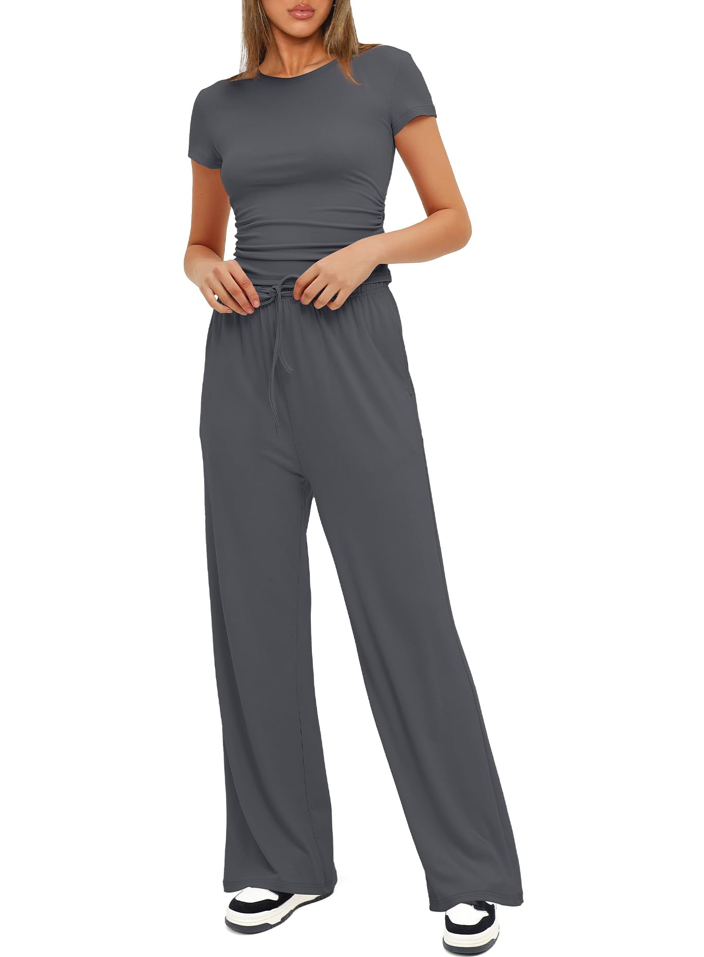 European American Foreign Trade Women's 2-piece Casual Set: Ruffled Short-sleeve Top And High-waisted Wide-leg_ecoleips.com