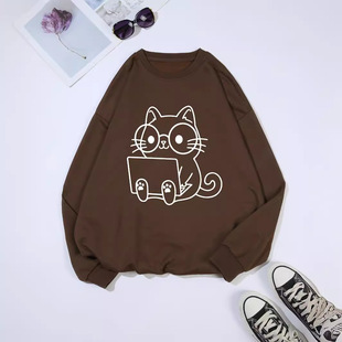 Cross-border foreign trade Europe and the United States spell a lot of TEMU AliExpress selling cats play computer plus size ladies round neck sweater