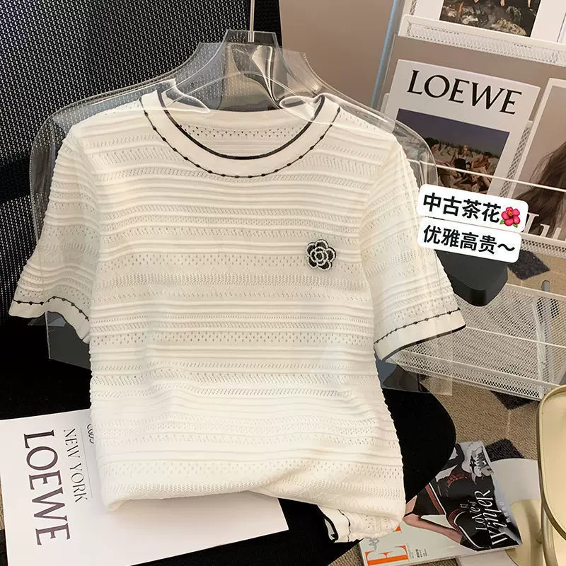 跨境风短袖t恤女夏季薄款冰爽丝小香风设计感短款针织衫衣上衣夏