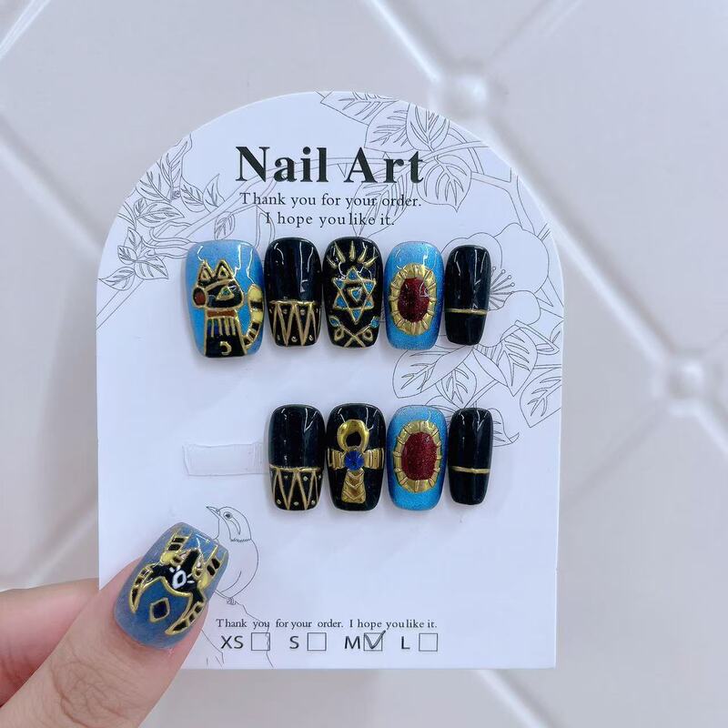 Jiazhimu Wearable Nails Handmade Nail Art Enamel Filigree Egyptian Cat Sunflower New Chinese Fake Nails