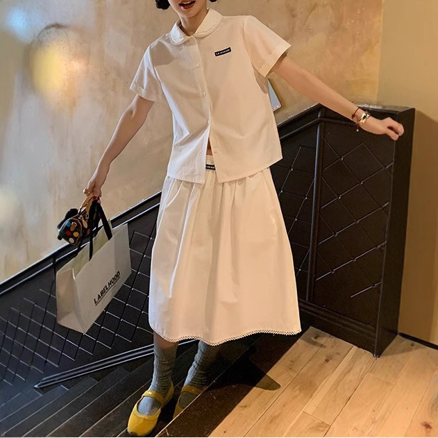 le rouge Zhou meimei miu department college lace lapel black label shoulder white short sleeve shirt suit